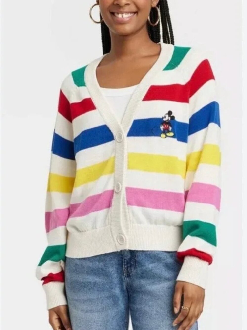 Disney Colorful Stripe Cardigan with an Embroidered Mickey - Size L